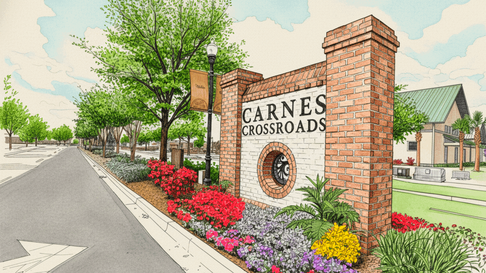 Entrance sign to Carnes Crossroads in Goose Creek SC