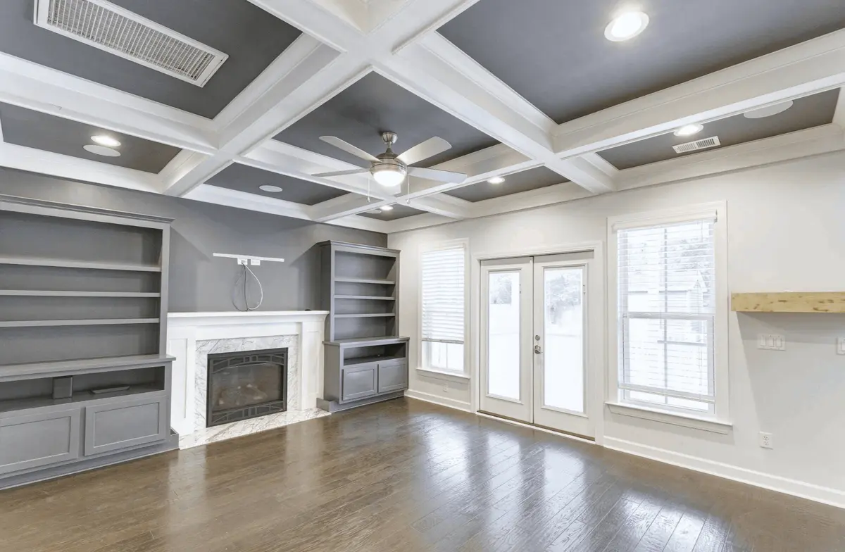 new construction home living room with built ins