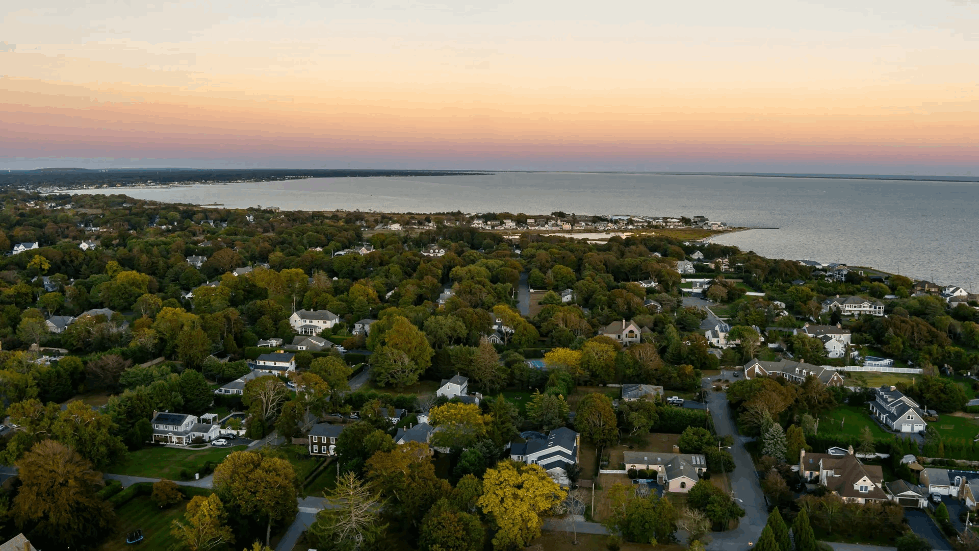 Aerial view of western Suffolk County at sunset