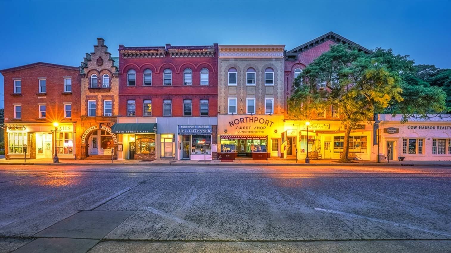 Vibrant downtown area in Suffolk County at night