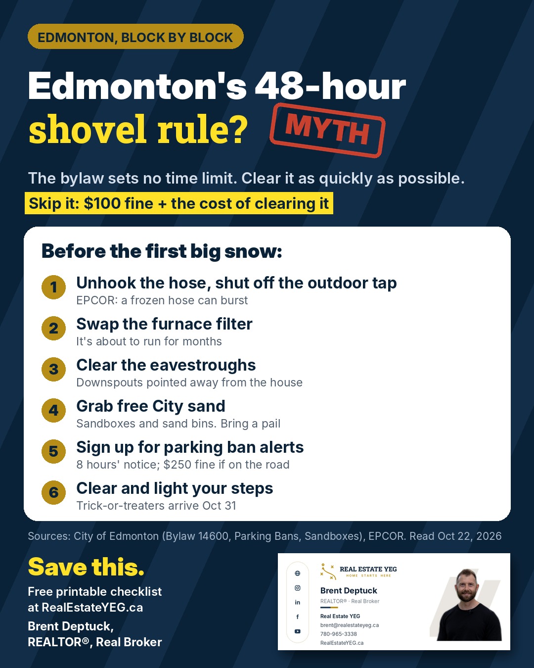 Edmonton winter home checklist infographic: no 48-hour shovel rule, $100 sidewalk fine, 8-hour parking ban notice, $250 ban fine, free sand. Brent Deptuck, REALTOR, Real Broker