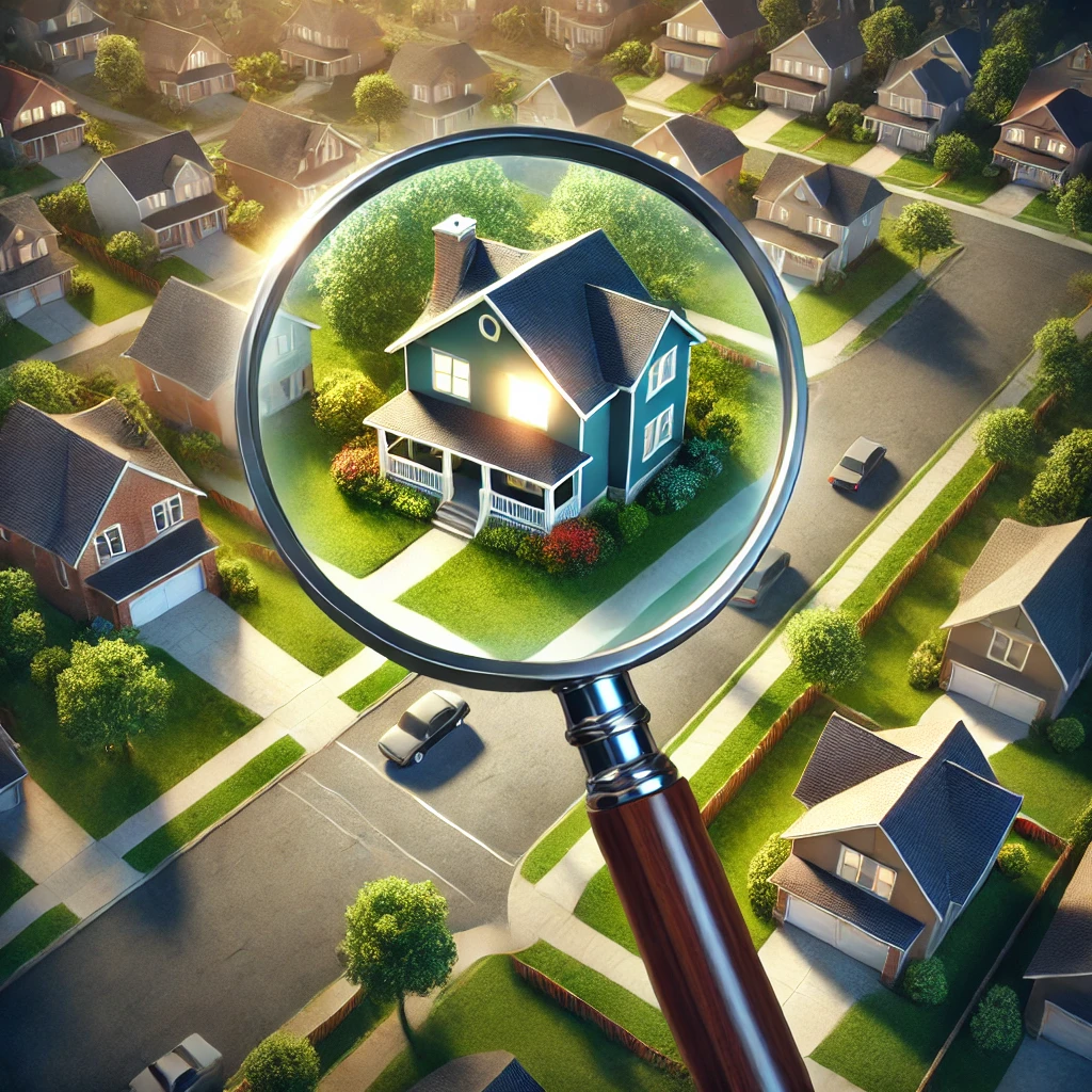 Magnifying glass highlighting a hidden house in a suburban neighborhood, symbolizing real estate investment strategy and off-market property opportunities