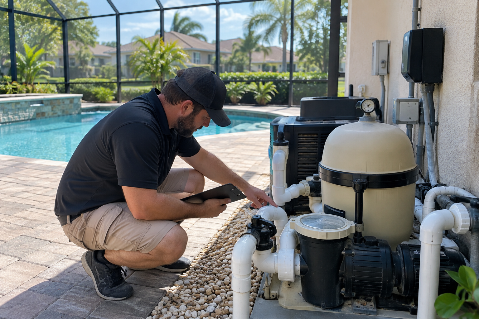 Pool professional examining pump, filter and equipment
