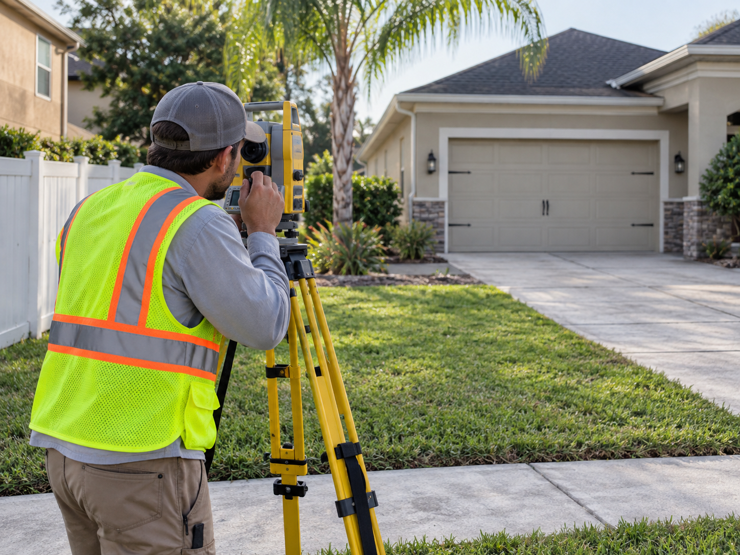 Land surveyor measuring property boundaries at an Orlando home