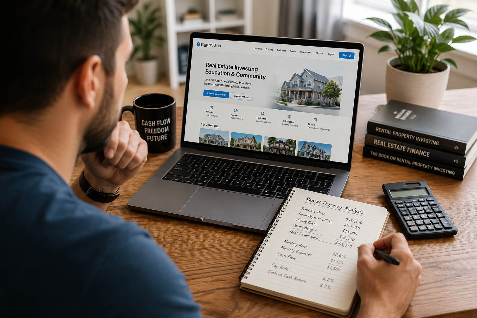 Real estate investor reviewing rental property numbers on a laptop