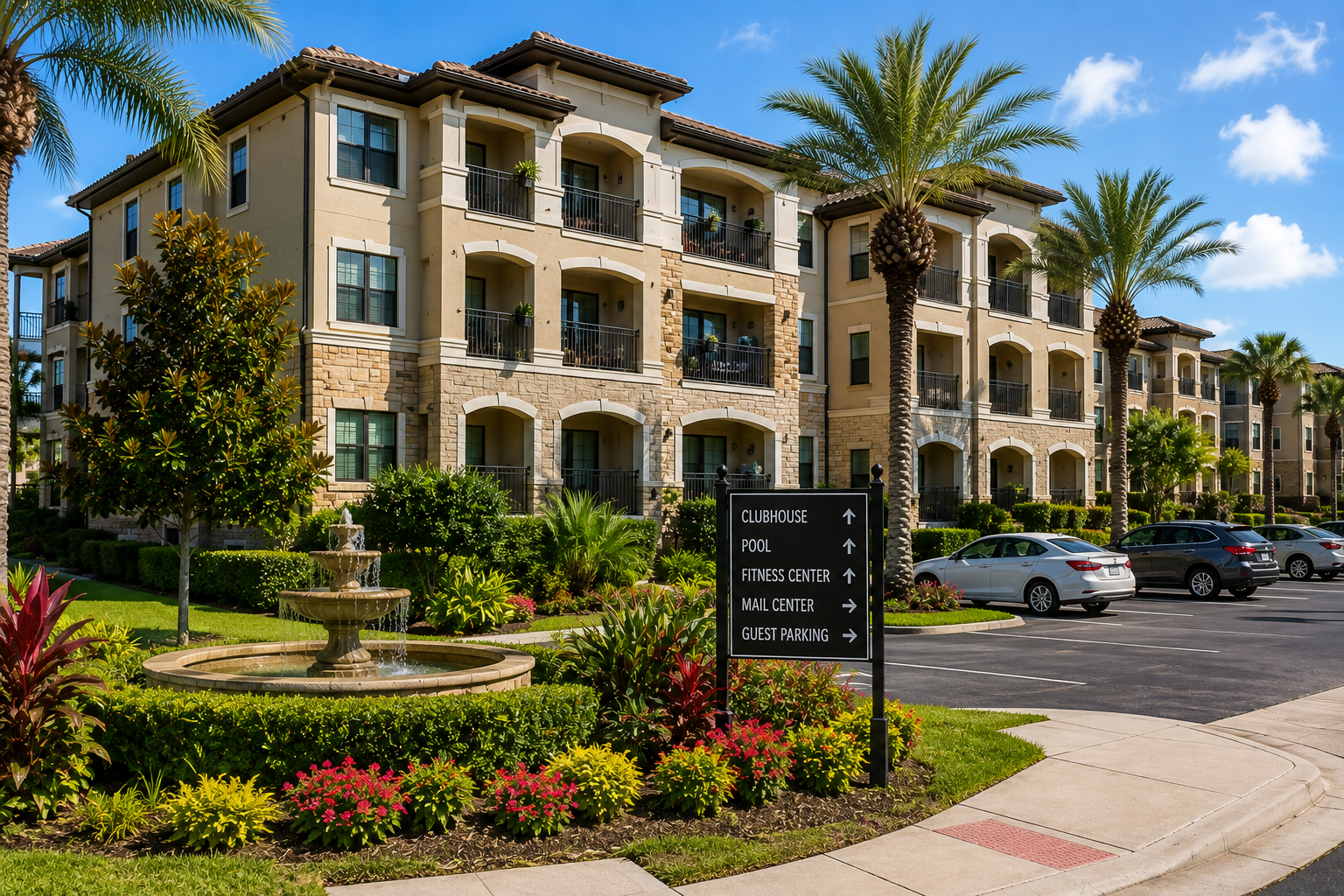 Florida condo association community with shared amenities and landscaping