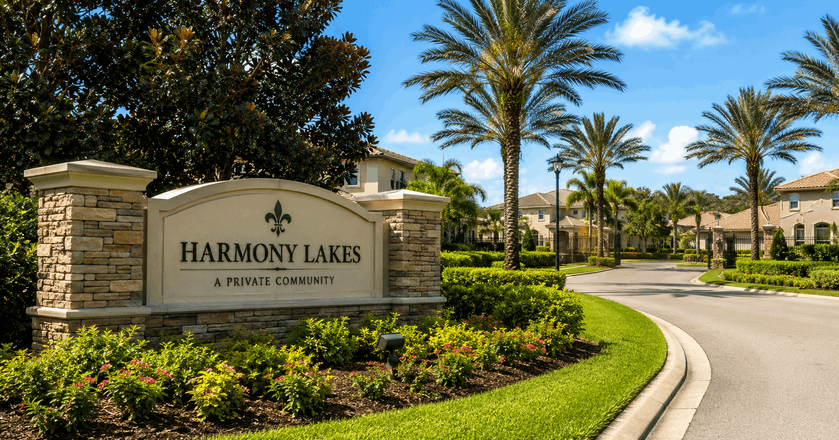 Florida HOA community entrance with homes and landscaping