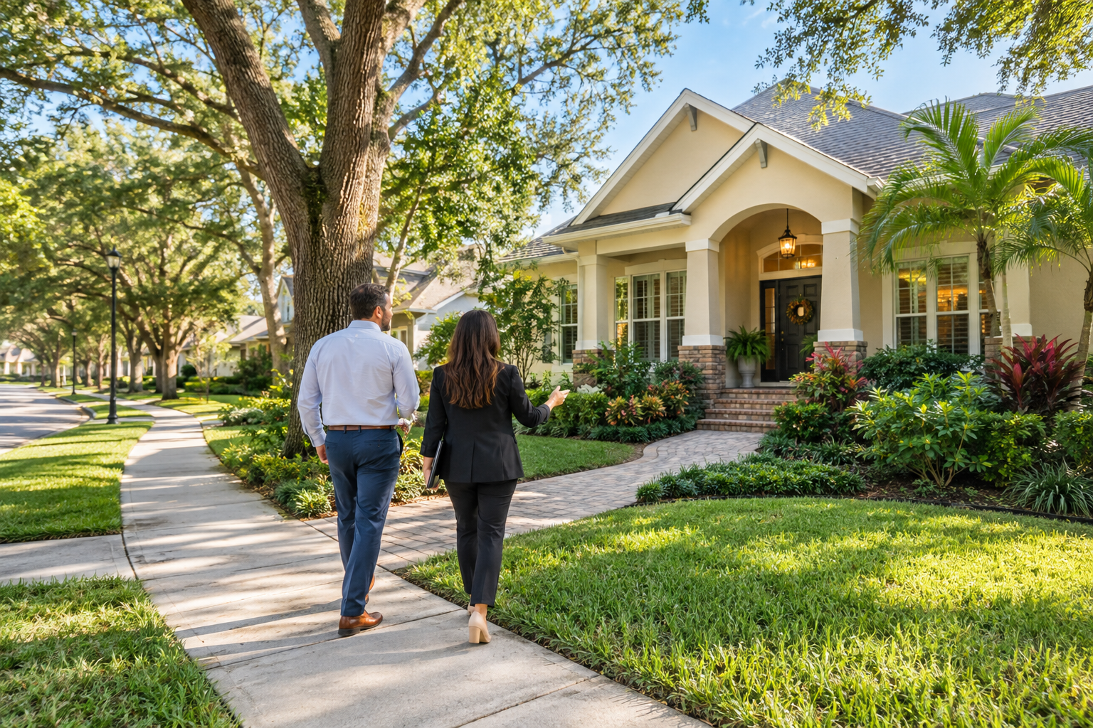 Orlando home buyer walking with a real estate agent through an established neighborhood with mature landscaping