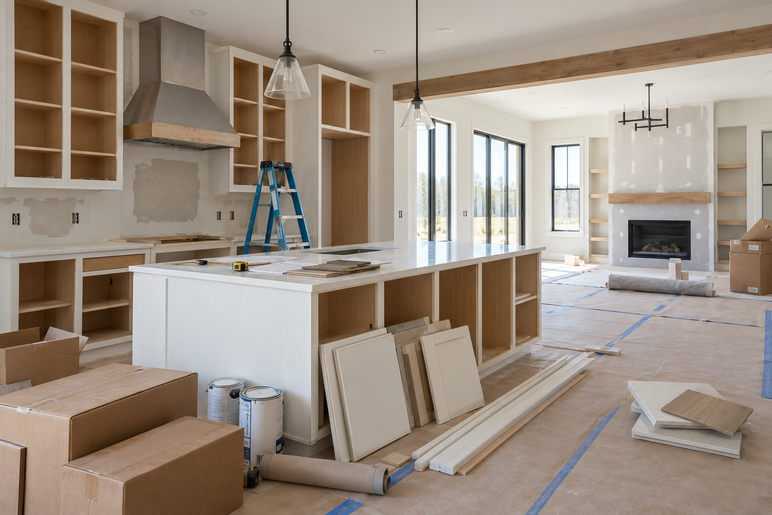 New construction home interior in Orlando with unfinished kitchen cabinets, construction materials, and modern open floor plan