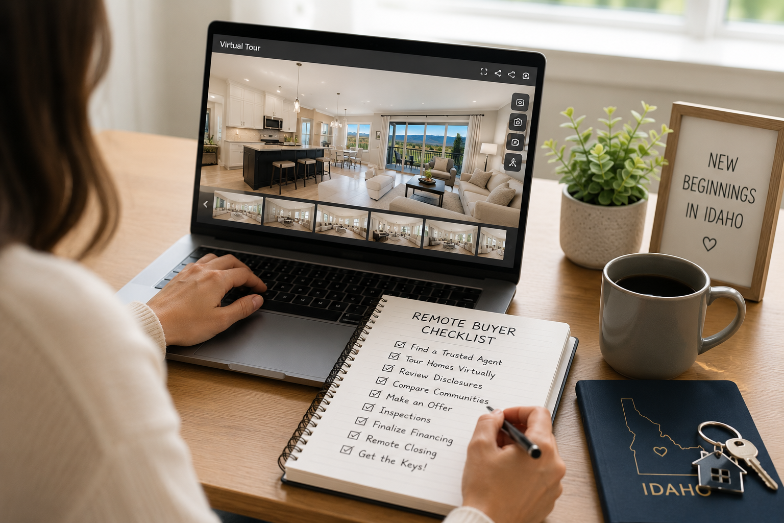 Remote home buyer reviewing a virtual tour and Idaho closing checklist
