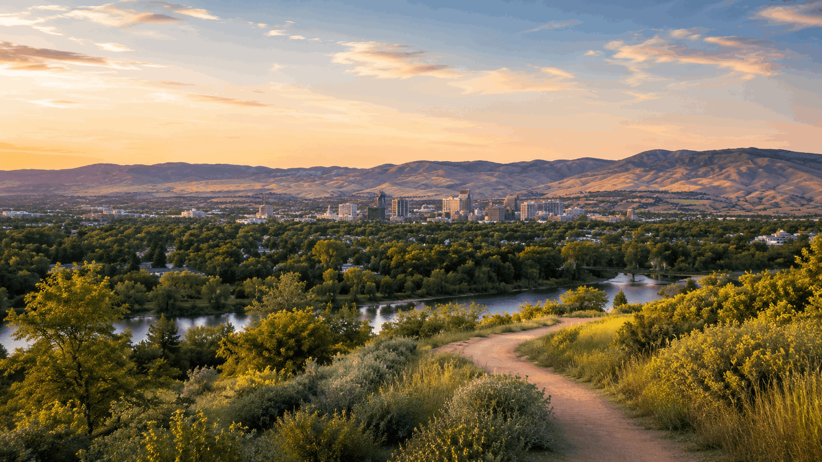 Boise Idaho foothills with downtown views and the Boise River in the Treasure Valley
