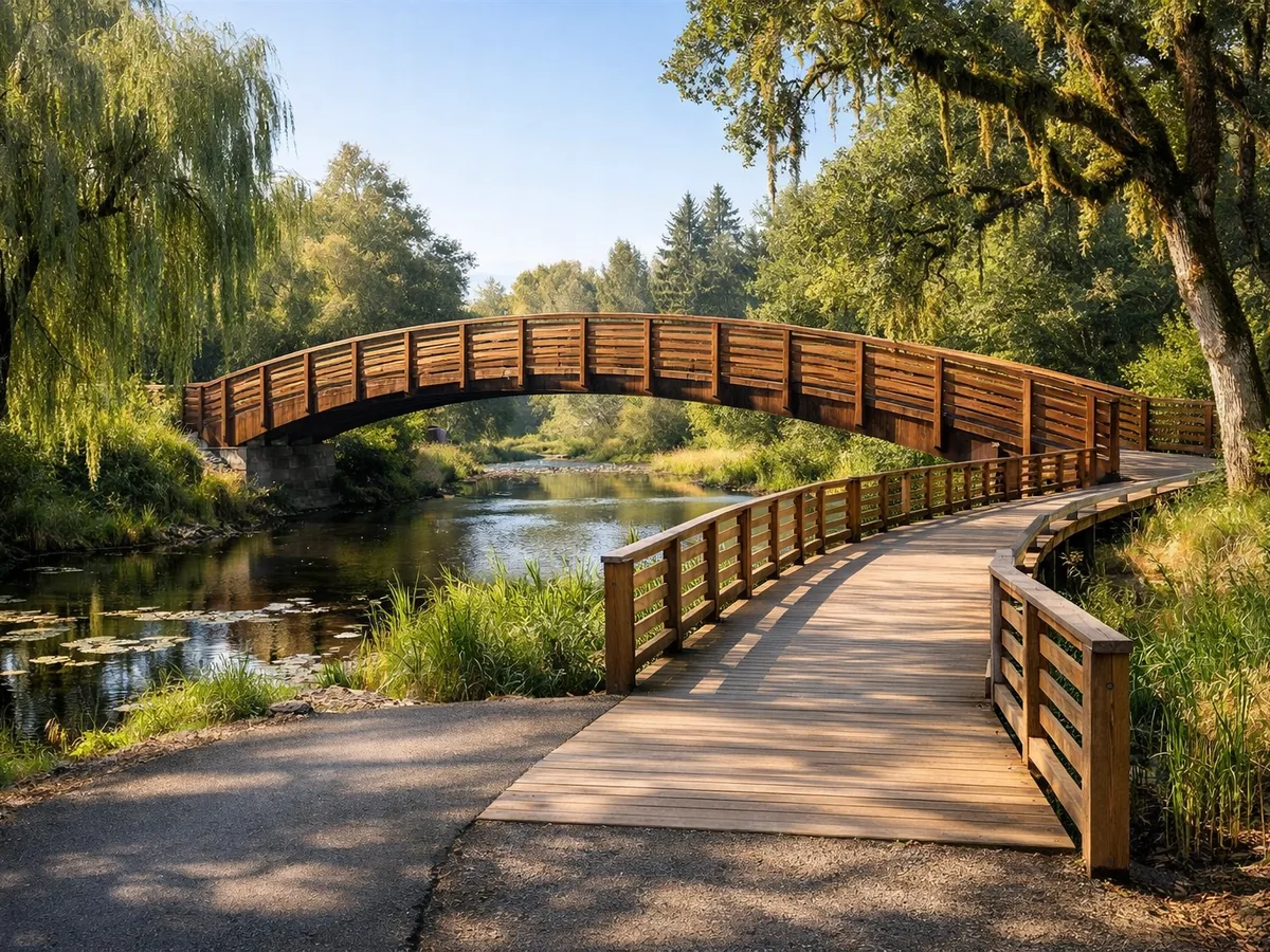 Wooden footbridge on the Fanno Creek Trail surrounded by trees in Tigard, Oregon