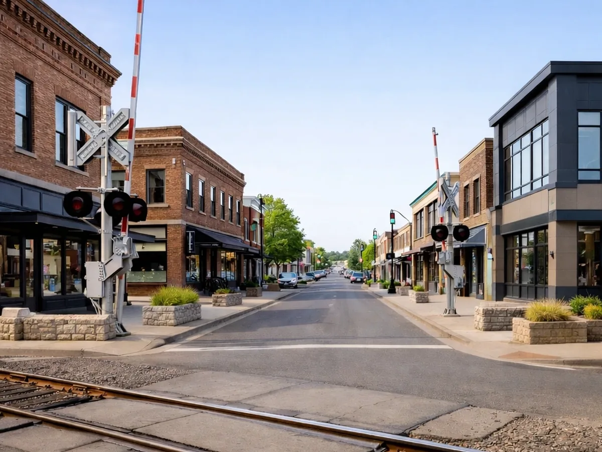Downtown Tigard Main Street with WES commuter rail crossing, tree-lined sidewalks, and local businesses - Tigard, Oregon