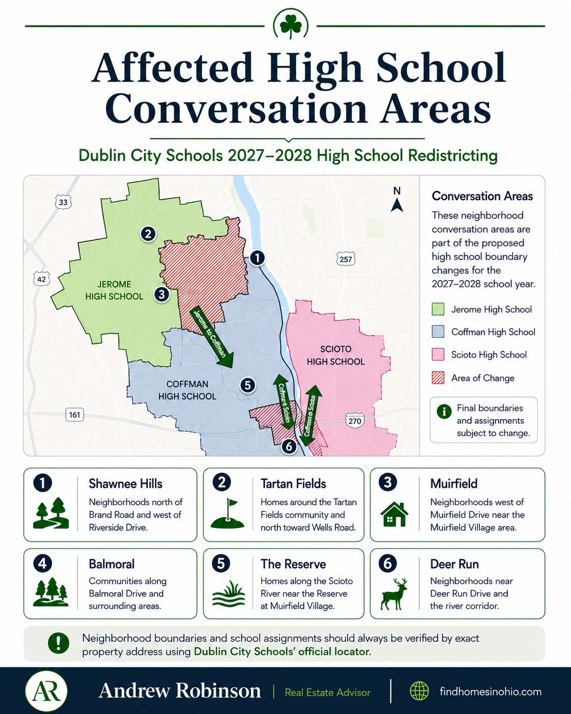 Dublin City Schools 2027-2028 high school redistricting map showing Jerome, Coffman, and Scioto boundaries
