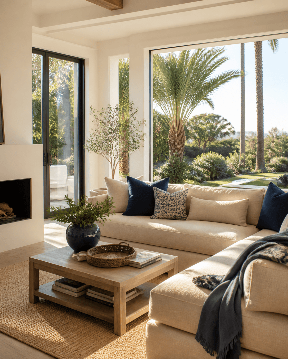 Bright coastal Southern California living room opening onto a sunlit garden