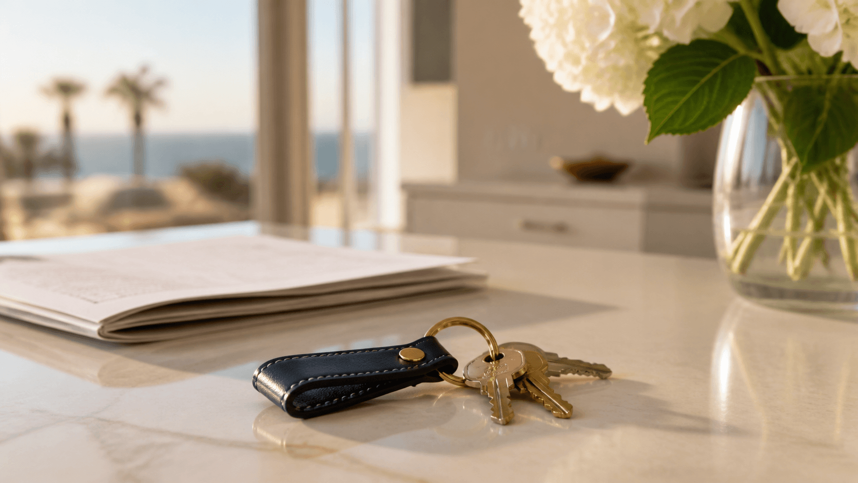 House keys and a signed contract on a kitchen counter with the ocean beyond