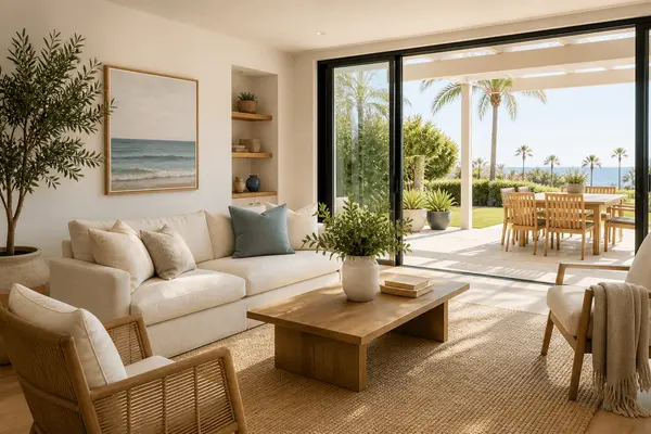 Bright staged coastal living room prepared for sale in Orange County