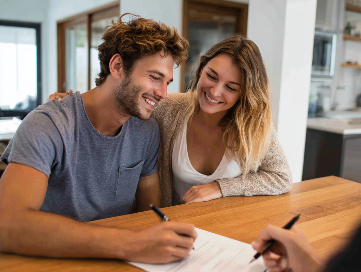 Couple signing home purchase contract