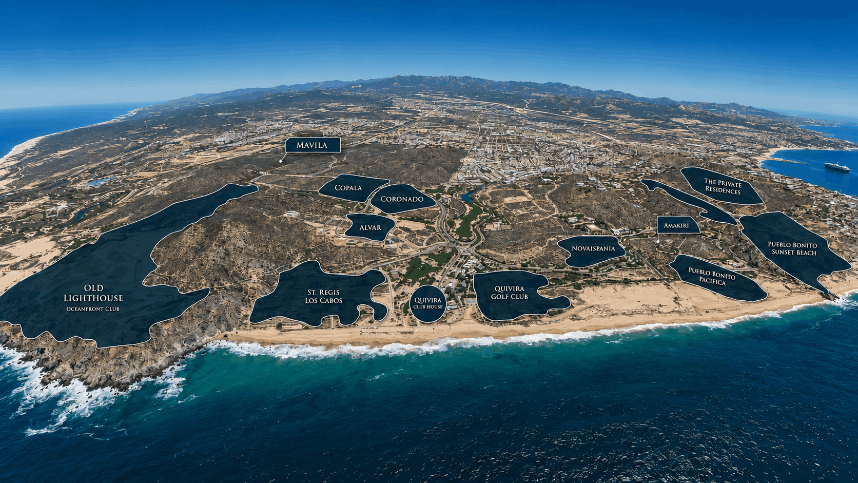 Quivira Los Cabos master plan showing Copala, Coronado, Mavila and Quivira Golf Club