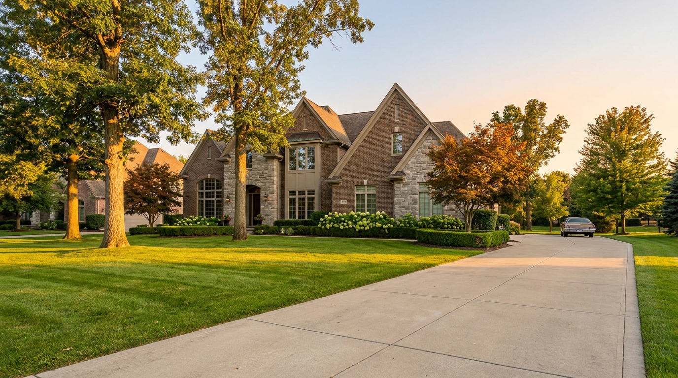 Homes for sale in Troy MI showcasing an upscale suburban neighborhood with tree-lined streets