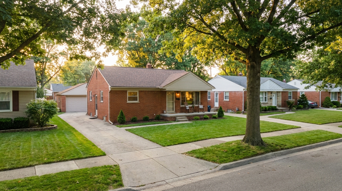 First-time home buyer standing in front of a starter home in Warren MI