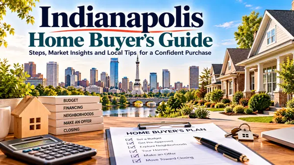 Indianapolis home buyer's guide featuring residential homes, the downtown skyline, and homebuying essentials such as budgeting, financing, and closing.