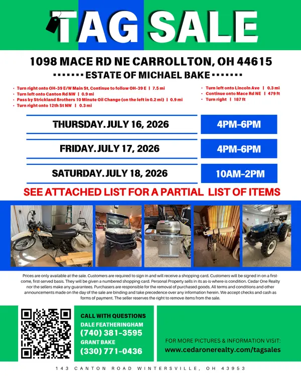 TAG SALE -  1098 Mace Rd NE Carrollton, OH 44615