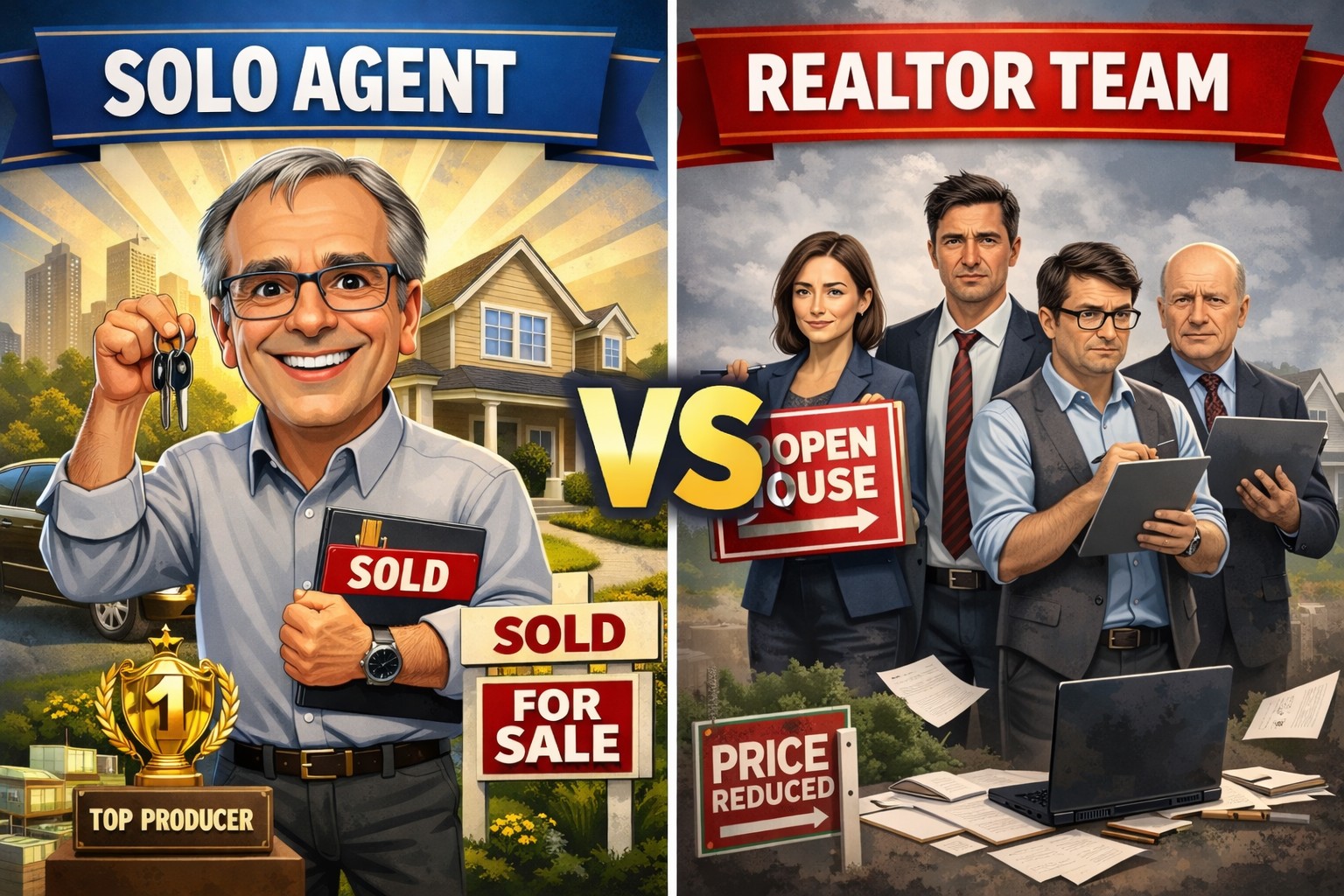 AI generated imager of David Campbell, realtor standing under a sign that reads: "Solo Agent" while to his right, after a VS graphic, a group of people in suits stand under a sign that reads: "Realtor Team".