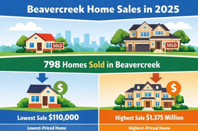 AI generated graphic that reads: Beavercreek Home Sales in 2025 - 798 Homes Sold in Beavercreek - Lowest Sale $110,000 - Highest Sale $1.375 Million" Four generated cartoon style homes are shown in the graphic.