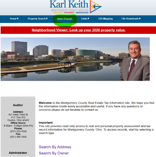 Montgomery County Ohio Auditor website showing the Value Dispute tab for challenging a property tax valuation.