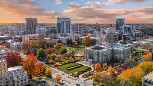 Downtown arial of the capitol building in the fall
