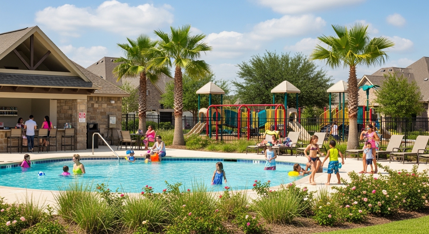 Family-friendly community amenities in San Antonio new construction neighborhood with pool and playground
