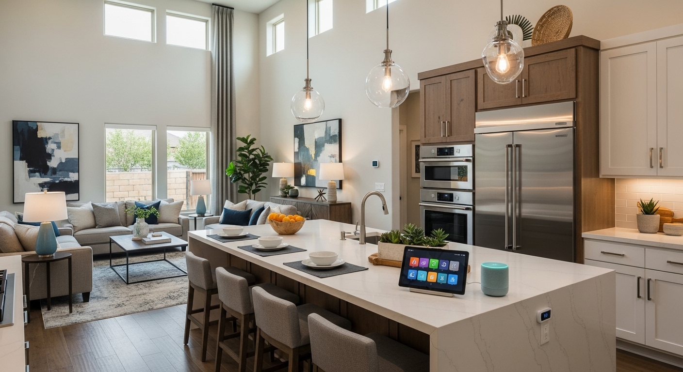 Modern open-concept kitchen in new construction San Antonio home with smart technology