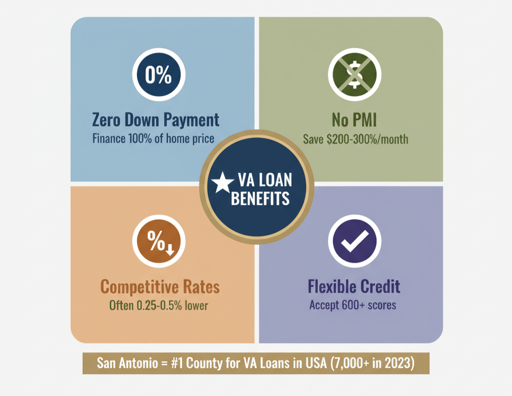 Four-panel infographic highlighting VA loan benefits including zero down payment, no PMI requirement, competitive interest rates, and flexible credit requirements for military homebuyers
