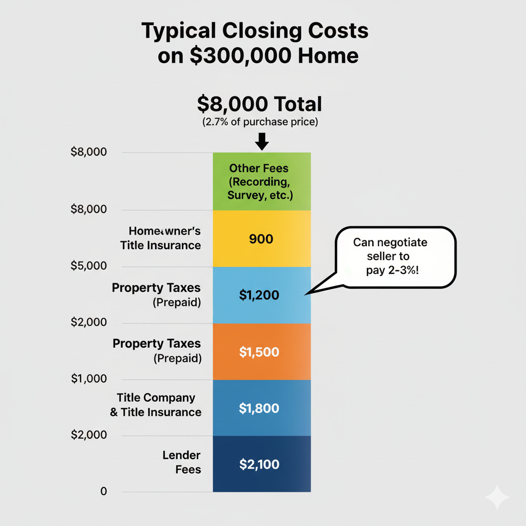 Stacked vertical bar chart showing closing cost breakdown totaling $8,000 on a $300,000 San Antonio home purchase including lender fees, title insurance, insurance, taxes, appraisal, and other fees
