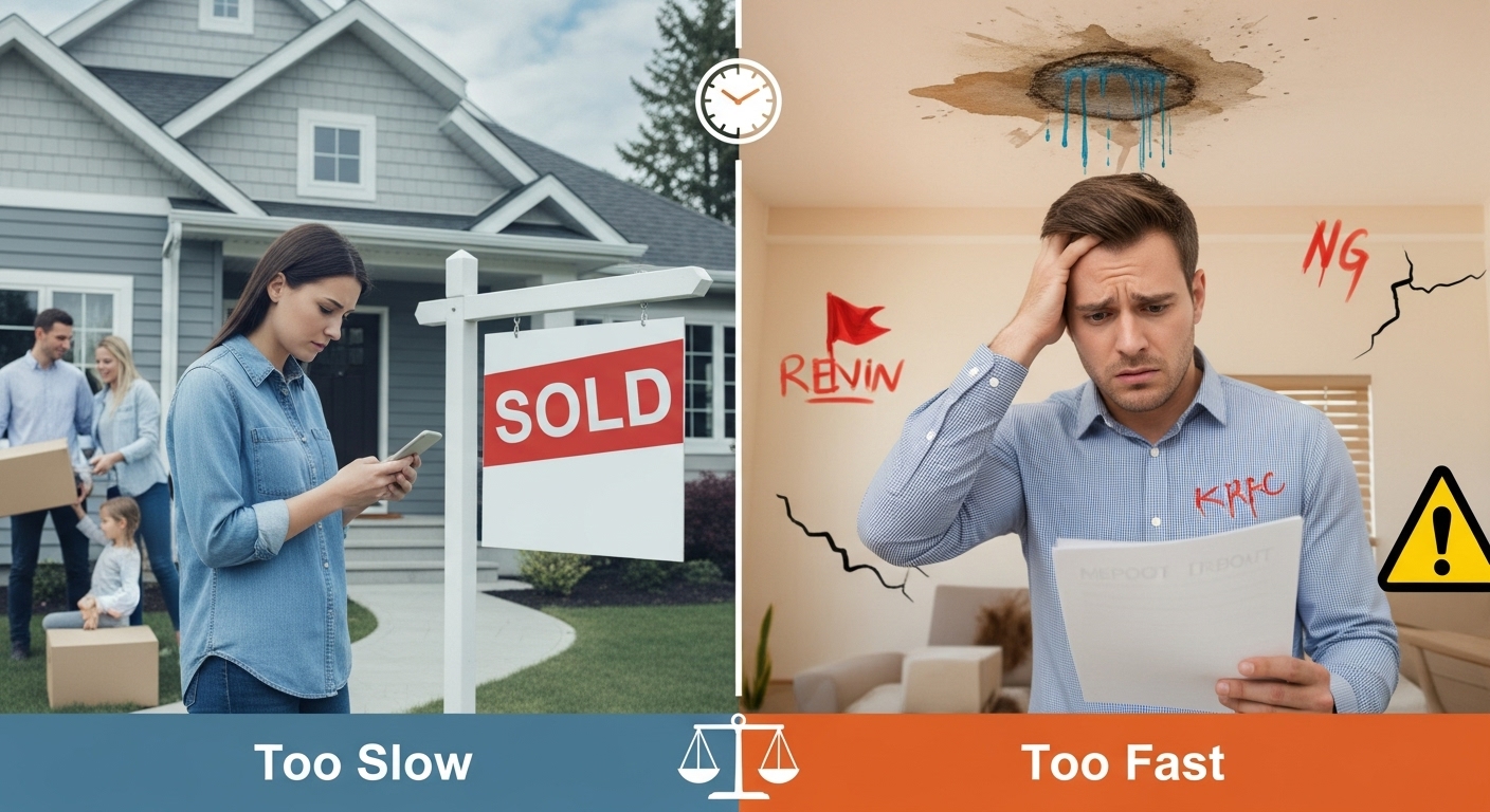 Split image showing home buying timing mistakes: left side shows buyer missing out on home that sold to others, right side shows rushed buyer discovering property issues after purchase