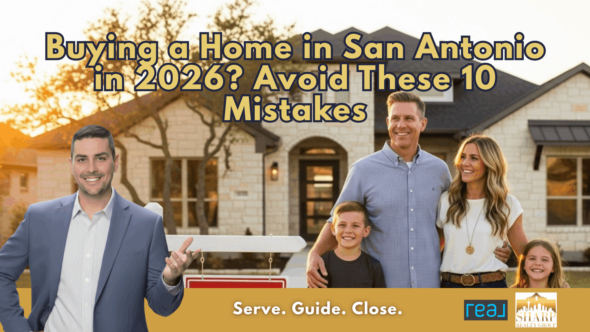 Happy military family standing in front of their new San Antonio home with sold sign