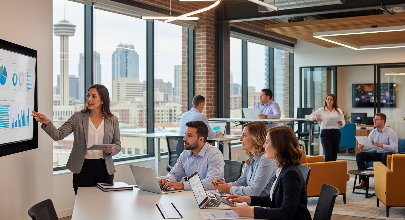 Professional workers in a modern San Antonio office, reflecting the city's strong job market with major industries like healthcare, technology, and defense driving economic growth