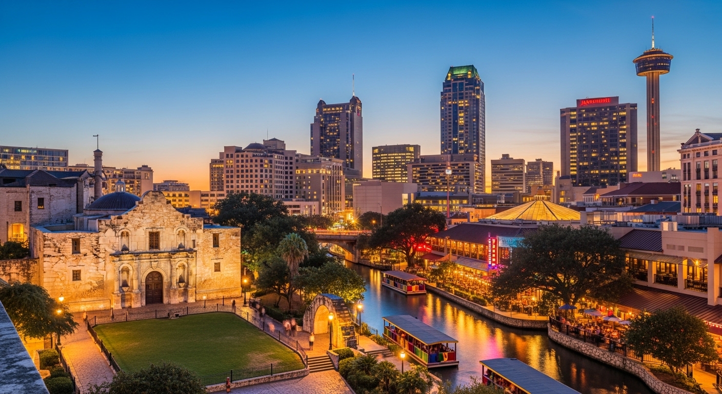 A vibrant view of San Antonio's skyline with the famous River Walk and Alamo in the foreground, highlighting the city's dynamic growth and culture