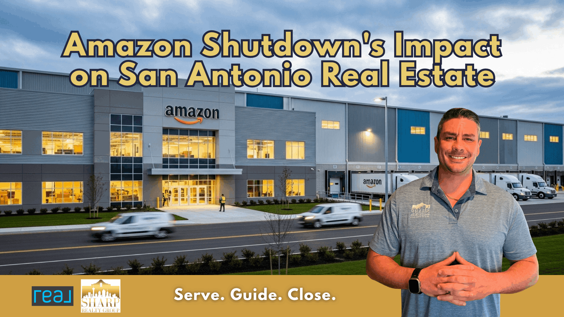 MRP Professional Anthony Sharp, Header Amazon Shutdown's Impact on San Antonio Real Estate with background of Amazon warehouse distribution center with delivery trucks at loading docks