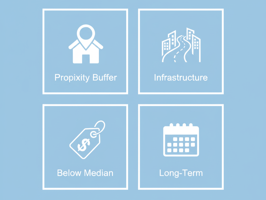 Four key homebuying strategies infographic proximity buffer, track infrastructure, price below median, long-term focus