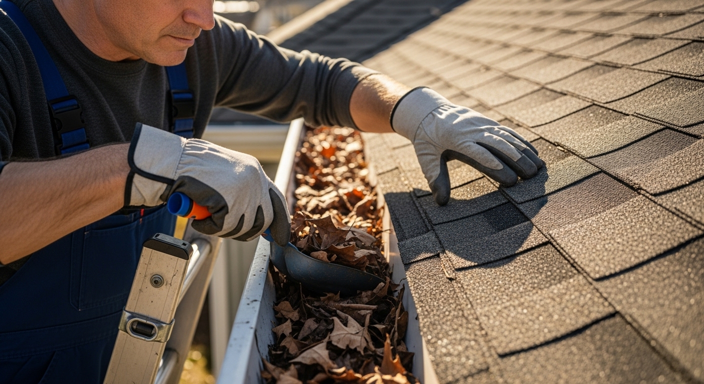 Homeowner performing exterior maintenance by cleaning gutters and inspecting roof shingles.