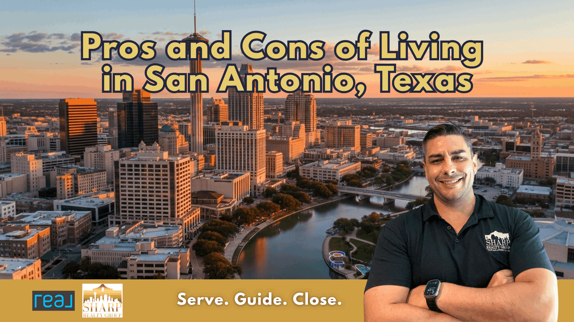 MRP Realtor Anthony and header Pros and Cons of Living in San Antonio, Texas with background of San Antonio Texas skyline at sunset with Tower of the Americas and downtown buildings