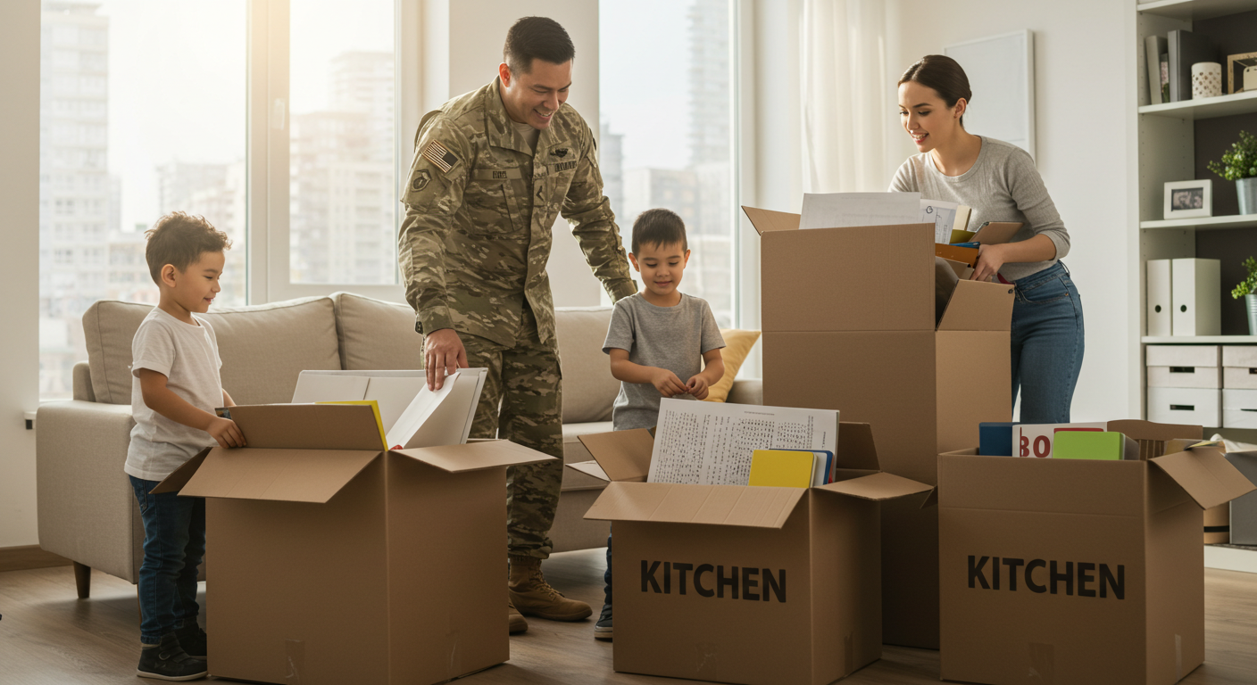 Military family of four unpacking moving boxes in bright, sunlit living room showing welcoming home atmosphere