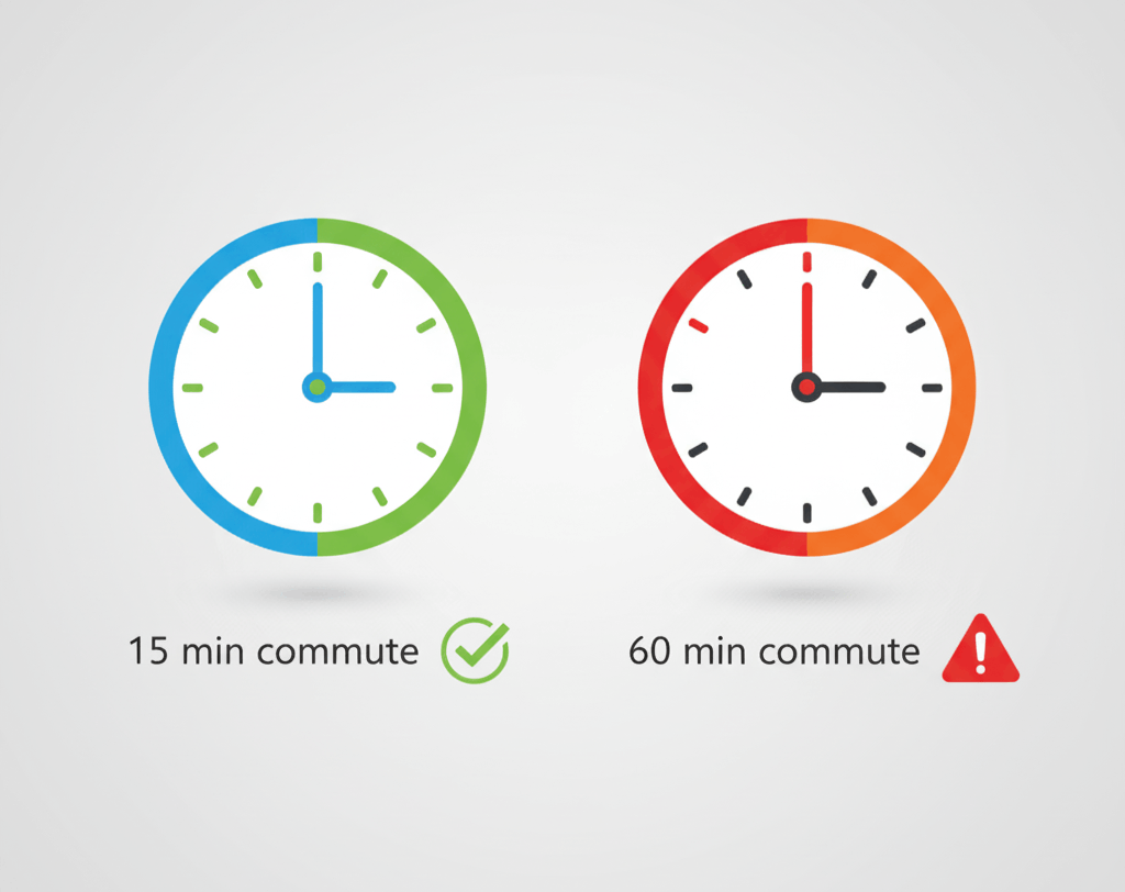 Two clocks comparing San Antonio commute times: 2 PM shows 15 minutes, 5 PM shows 60 minutes with rush hour delay