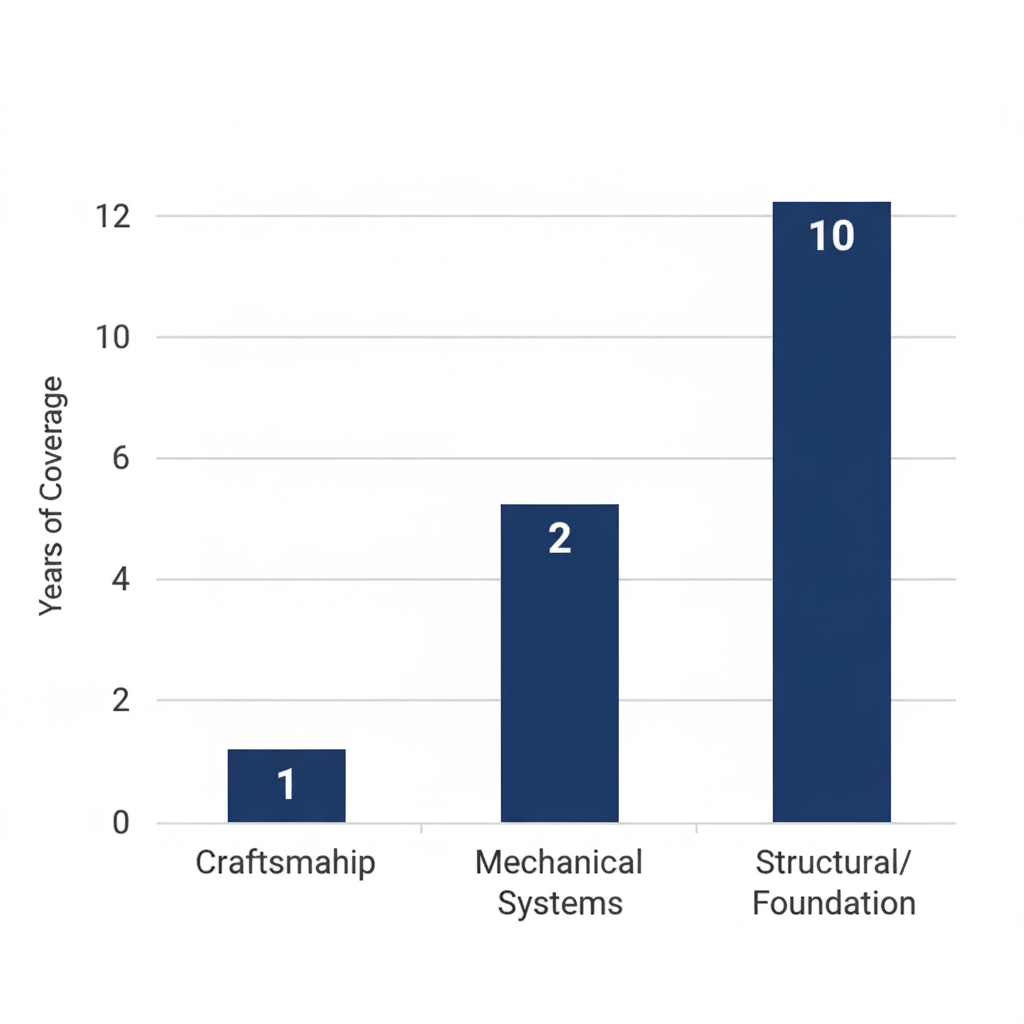 Bar chart showing new home warranty durations: 1 year craftsmanship, 2 year mechanical, 10 year structural coverage