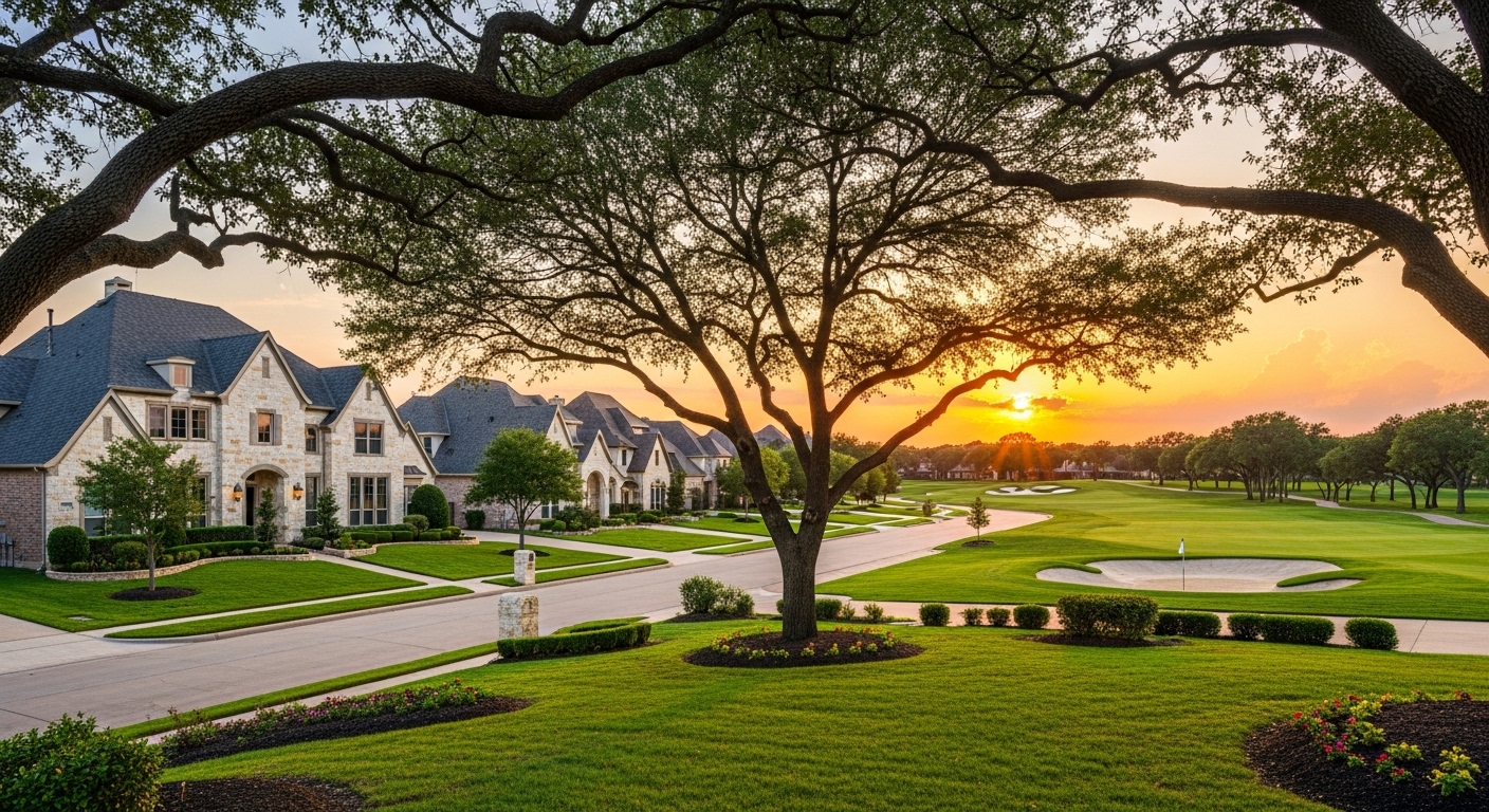 Luxury homes in Stone Oak neighborhood with mature trees and golf course