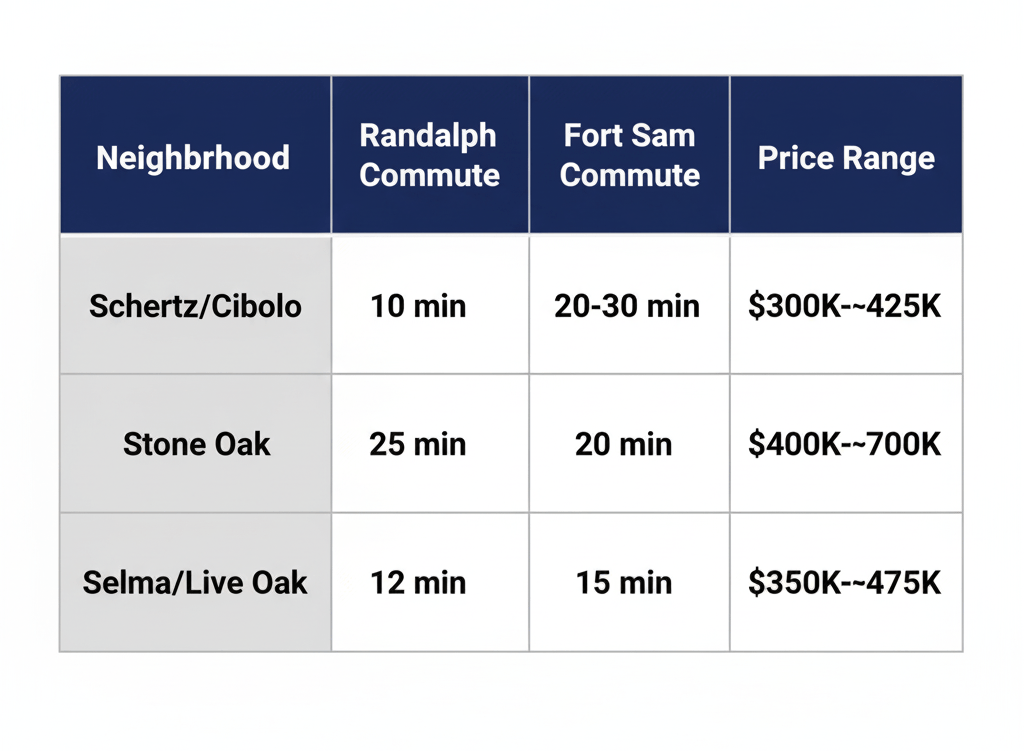 Comparison table of commute times and prices for three VA-friendly neighborhoods near Randolph AFB and Fort Sam Houston