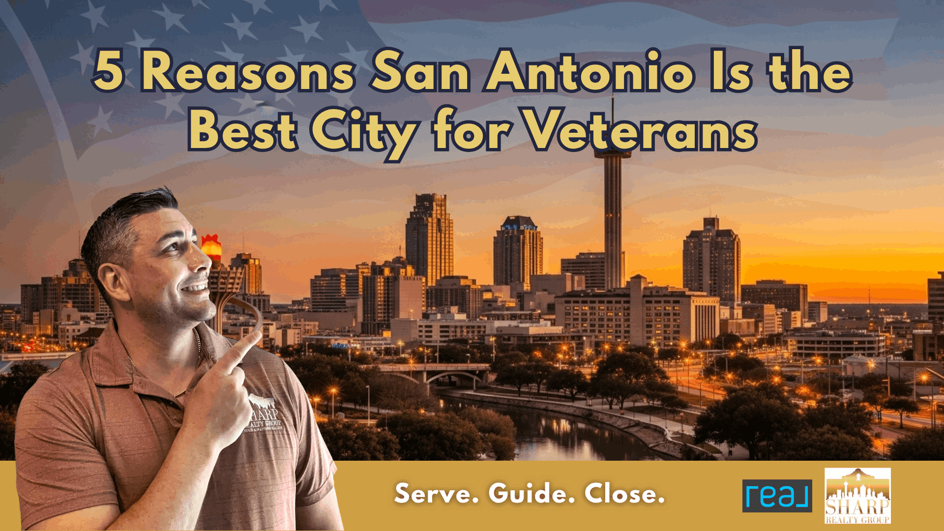 San Antonio skyline at sunset with American flag representing the best city for veterans in Texas