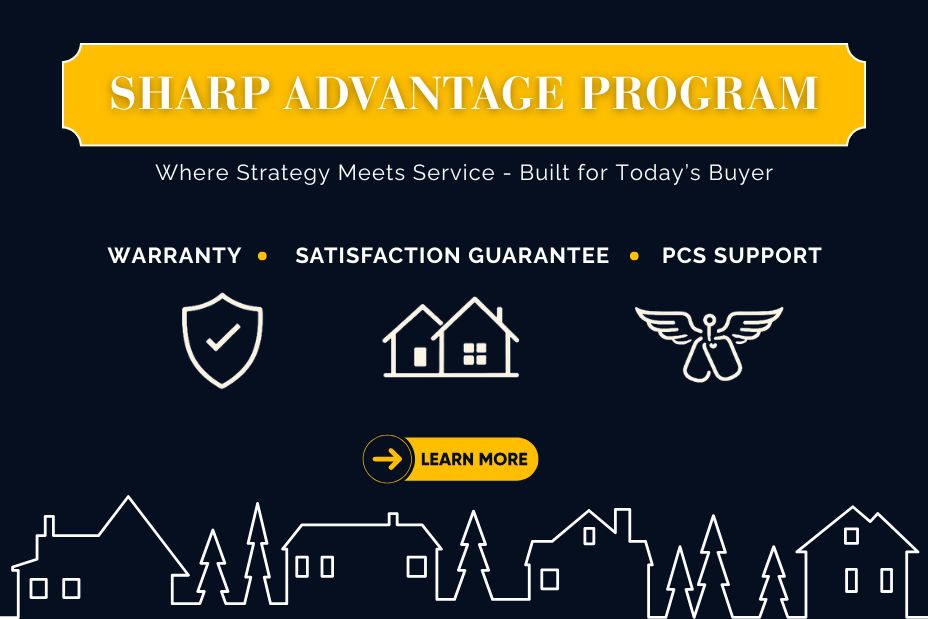 Sharp Advantage Program banner highlighting warranty, satisfaction guarantee, and PCS support